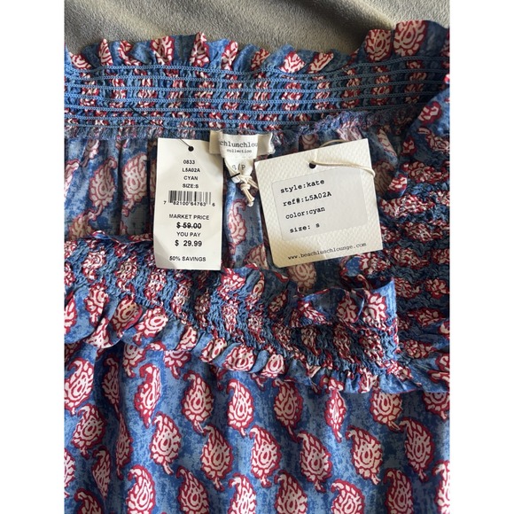 NEW Beachlunchlounge Womens Size S Paisley Boho Off Shoulder Navy Red Top NWT - Picture 8 of 10